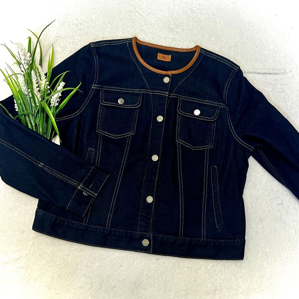 Lauren Ralph Lauren Leather Trim Denim Jacket - Size XL